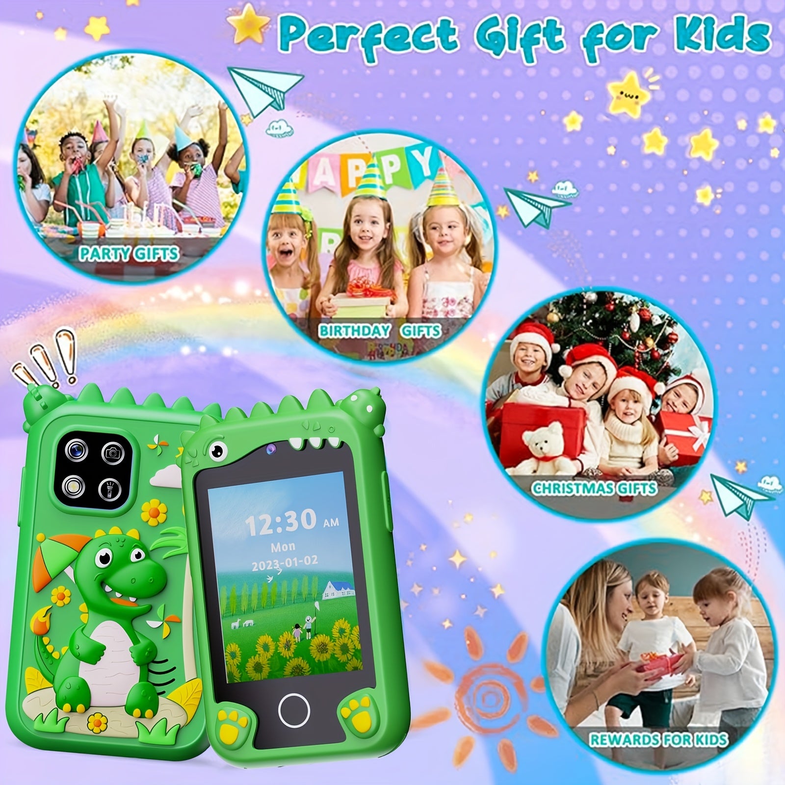 [Birthday/Christmas Gift] Kids Smart Phone with Touchscreen & Dual - Educational Learning Tablet, Compatible with 8GB SD Card, Charging, Parental Control - Birthday/Christmas Gift for Boys & Girls Ages 3-10 - Green Dinosaur D