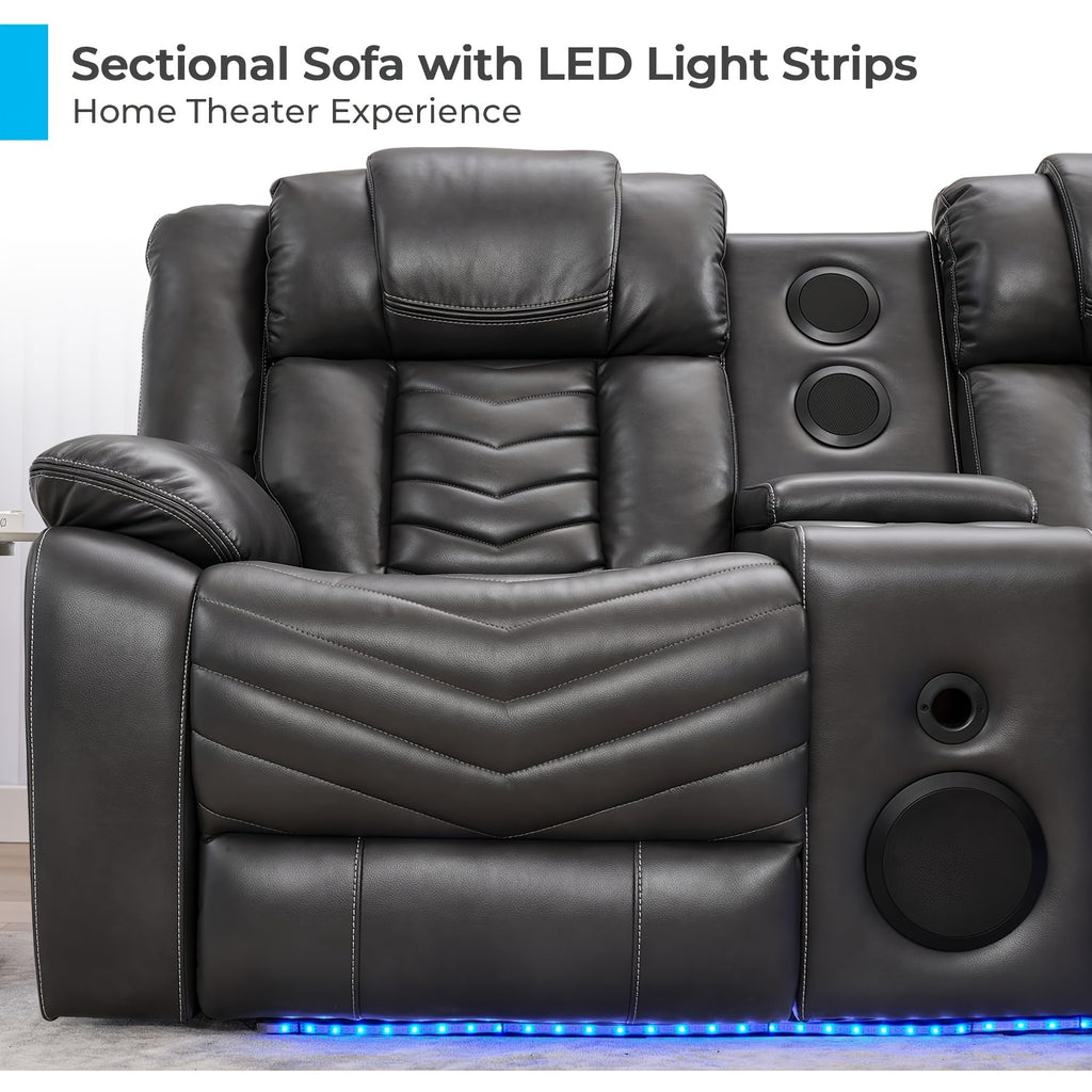Power Recliner Sectional Sofa Couches With Bass Speakers For Living Room, Leather Reclining Corner Sectionals Sofa Couch Sets With LED Light