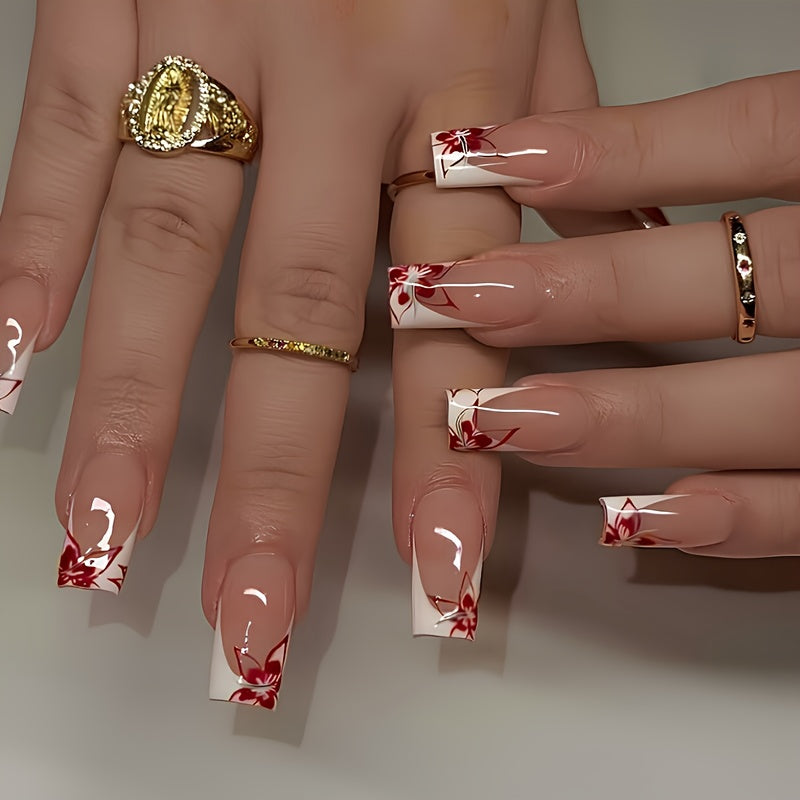 24pcs Short Square Press-On Nails with White French Rose Flower & Red/White Tip Design - Glossy Clear Tips, Intricate Floral Patterns, Short Lengths for Parties, Dance, Casual Attire - Reusable & Removable Full Set (Red, Whit