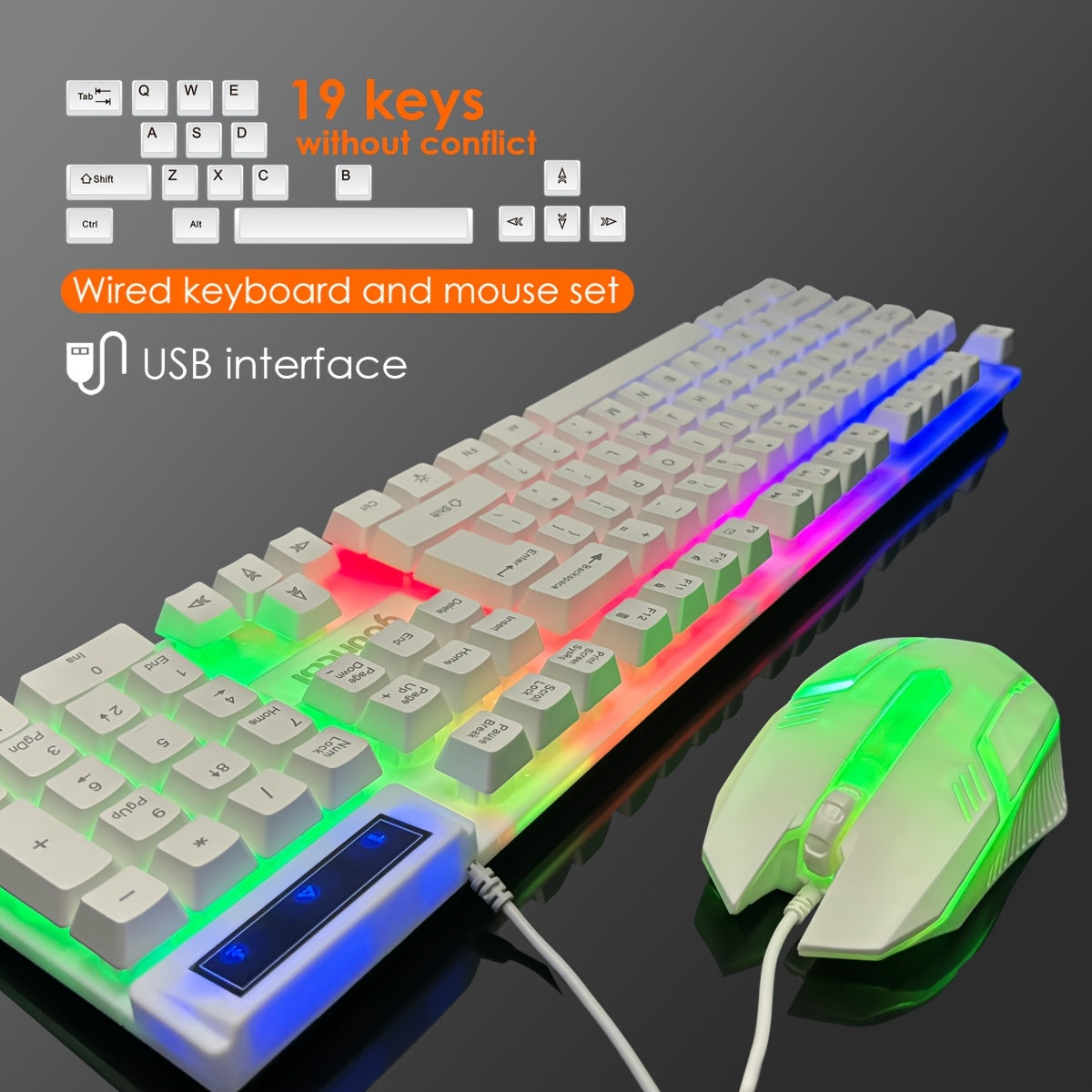 [Rainbow Backlit Gaming Set] Rainbow Backlit Wired Gaming Keyboard and Mouse Set | 19-Key Rollover, Adjustable Brightness, 2 Lighting Modes, Ergonomic Design, Hotkeys, Media Keys, USB Powered, No Battery, for Home Entertainme