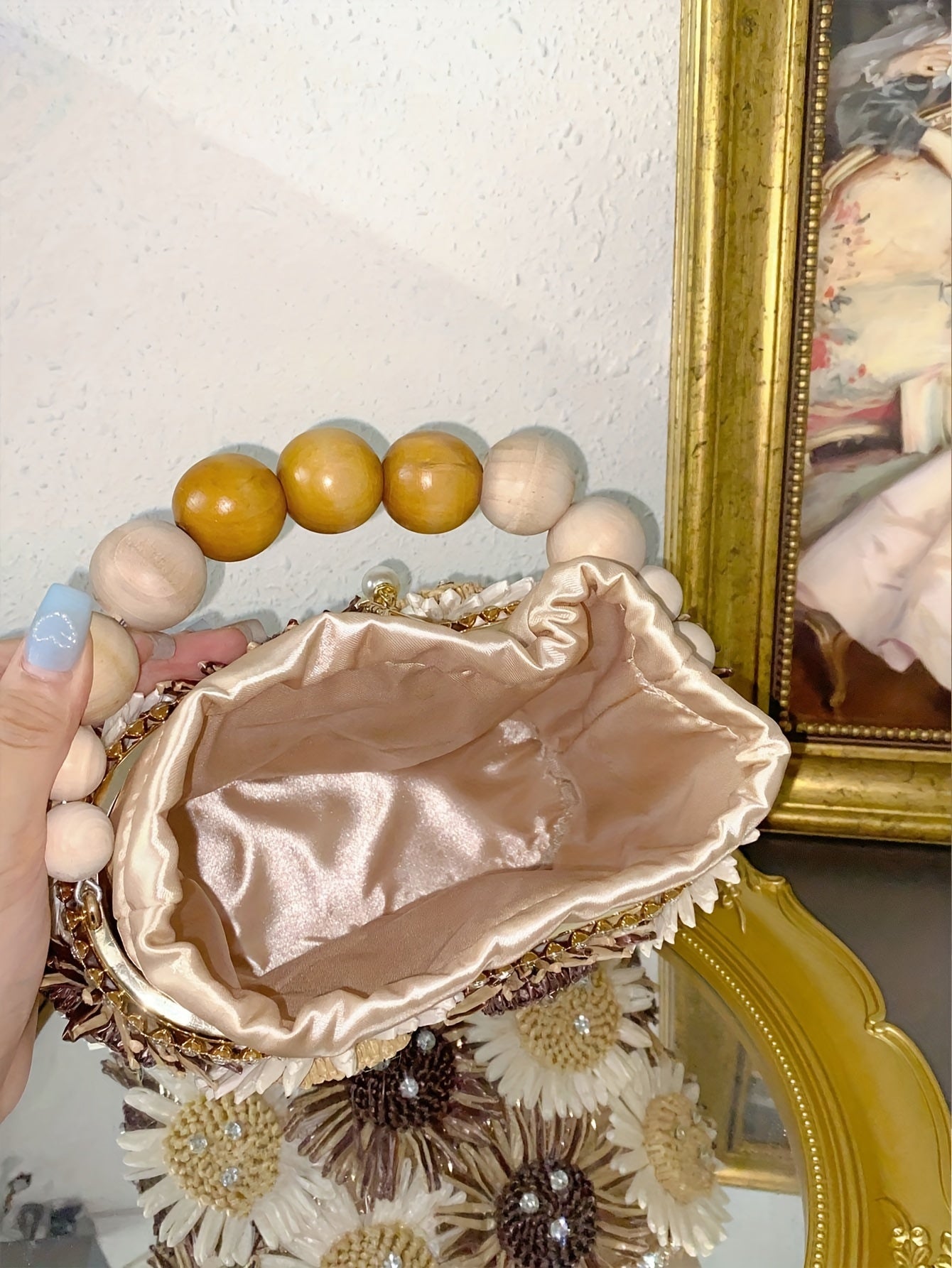 Luxury Evening Bucket Bag for Women | Floral Beaded Design with Rhinestone and Pearl Detailing | Fashion Drawstring Closure Crossbody with Metal and Messenger Accessory | Occasion-Themed with Inner Lining | Non-Washable | Cra