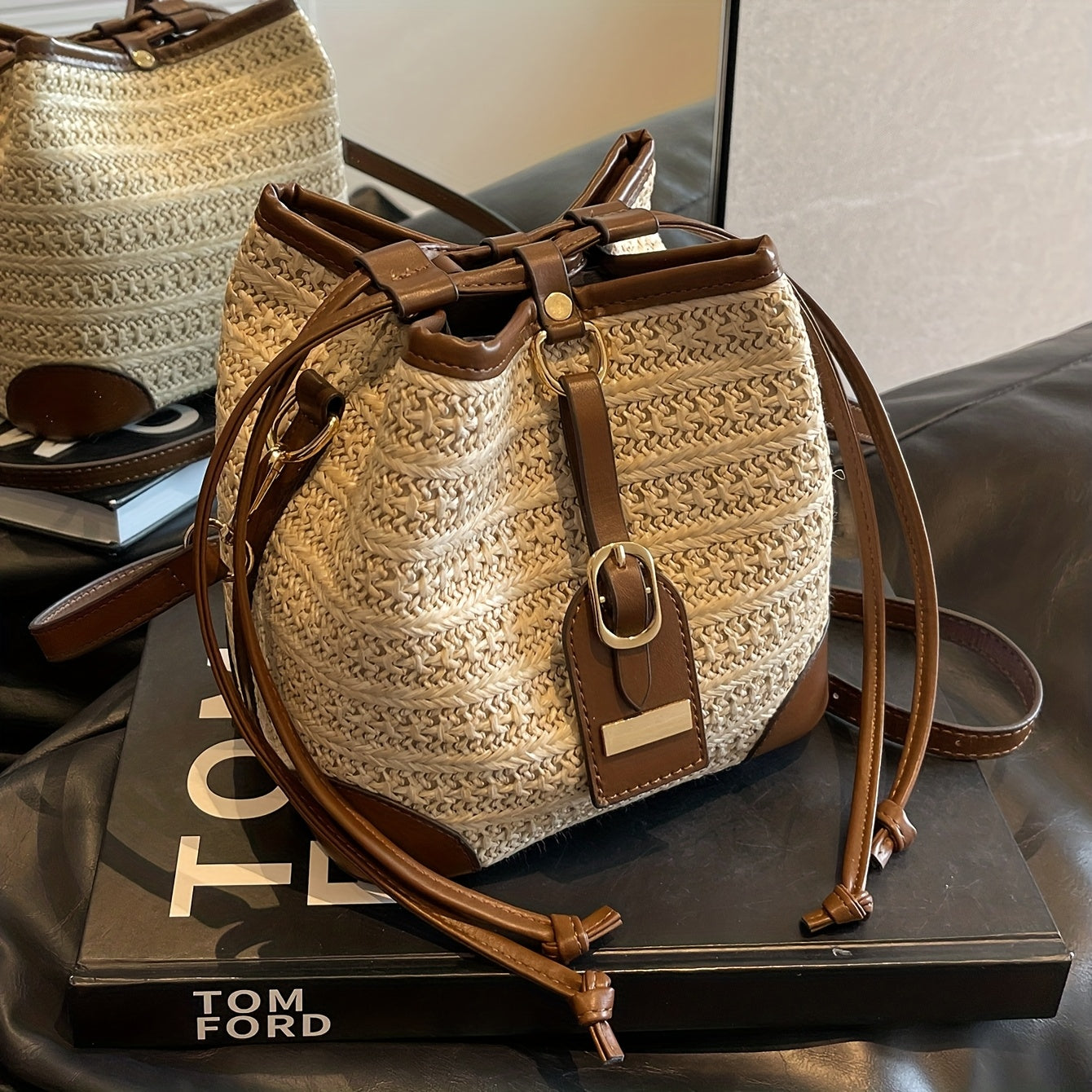 LABOONOO Women's Geometric Straw Bucket Bag - Hemp Crossbody Shoulder Purse with Adjustable Drawstring Closure, Beige & Brown Boho-Chic Design for Casual & Formal Occasions, Crossbody Purse