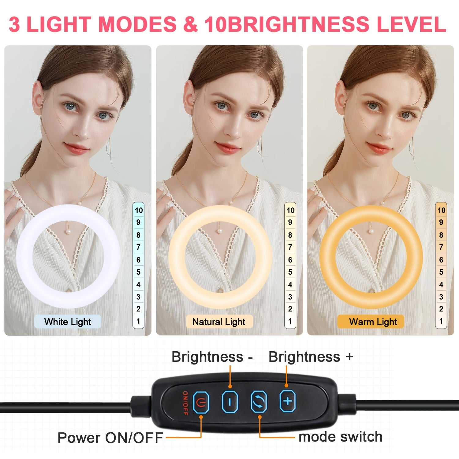 [LED Selfie Ring Light] 10-inch LED Selfie Ring Light with Adjustable Tri-Color, 43-inch Tripod & Phone Holder, USB Powered, for Live Streaming, Photography, Makeup, Video, Indoor Use, Compatible with Mobile Phones & Cameras