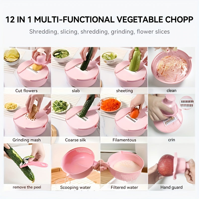 [Essential Kitchen Tool] 11pcs 12-in-1 Multi-Function Vegetable Chopper | Manual Slicer, Shredder, Grater | for Carrots, Potatoes, Radish, Essential Kitchen Tool