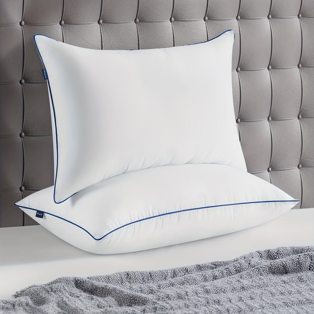 2pcs Premium Cooling Bed Pillows with Adjustable Zipper - Soft Down Alternative Fill for Back, Stomach & Side Sleepers - Hotel Collection - White with Navy Blue Trim, Machine Washable, All-Season Comfort, Side Sleeper Pillow