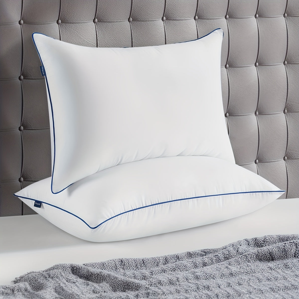 2pcs Premium Cooling Bed Pillows with Adjustable Zipper - Soft Down Alternative Fill for Back, Stomach & Side Sleepers - Hotel Collection - White with Navy Blue Trim, Machine Washable, All-Season Comfort, Side Sleeper Pillow