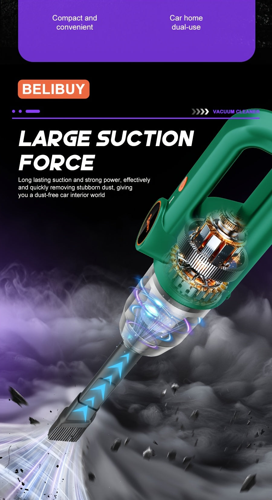 [Super Powerful Cordless Vacuum] BELIBUY 200W Super Powerful Cordless Handheld Vacuum Cleaner | 3KPa Suction, Portable Lightweight Design with Integrated Blower & Crevice Tool, Rechargeable Battery, USB Charging for Home & Ca