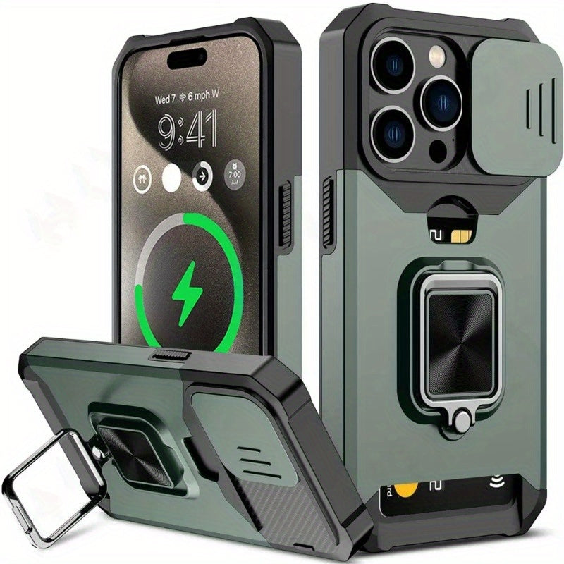 A Protective Case Suitable for Iphone 16, 15, 14, 13, 12, And 11 Pro Max And Plus Models, Featuring a Sliding Camera Slot And a Ring Stand.