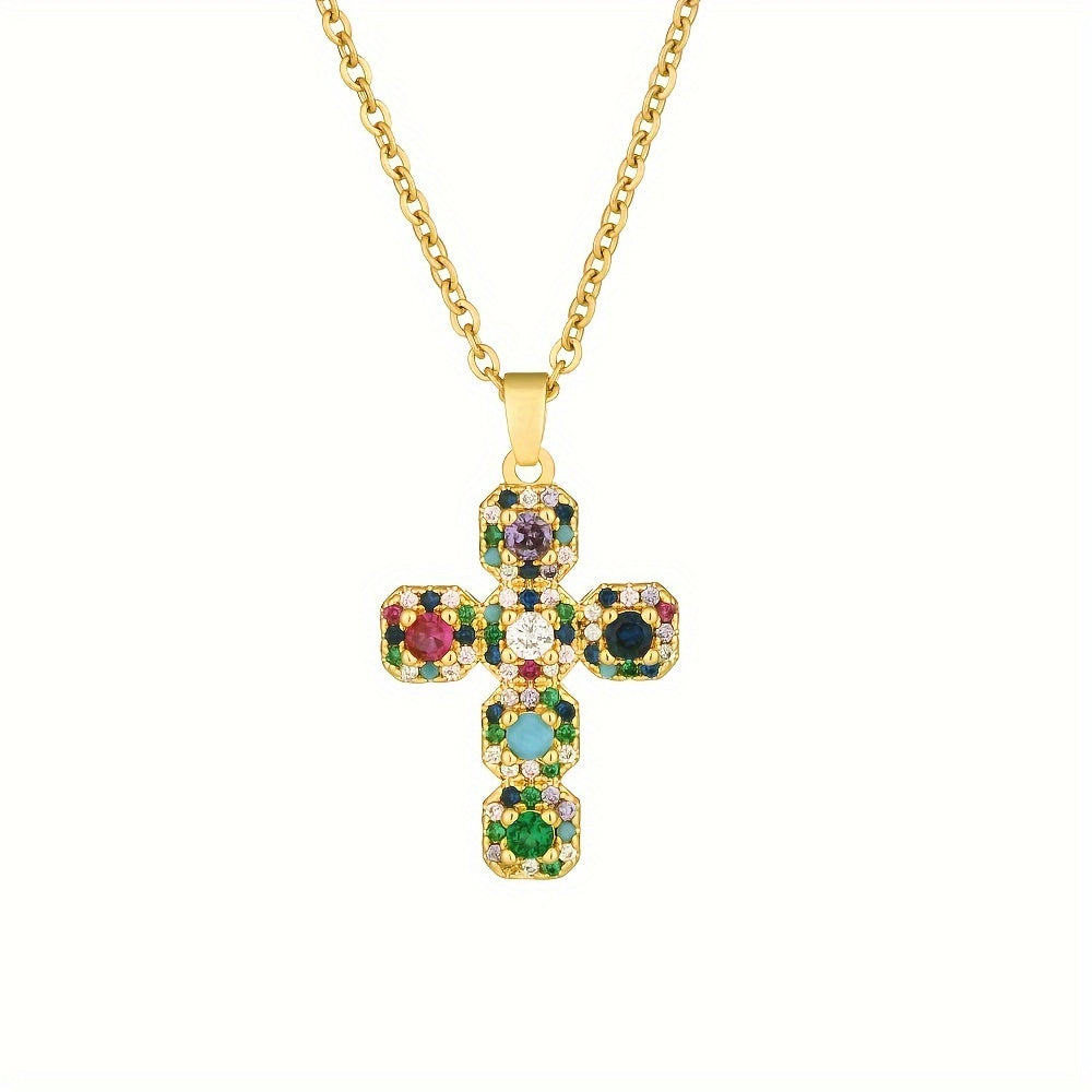 Colorful Inlaid Cubic Zirconia Cross Necklace