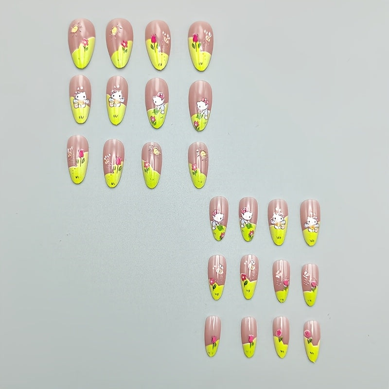 24pcs Short Almond Summer Cute Sanrio Cartoon Hello Kitty Colorful Sunflower Bee Pattern Green French Edge Full Cover Fake Nail Stickers Set for Women & s