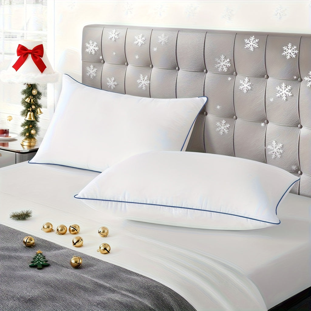 2pcs Premium Cooling Bed Pillows with Adjustable Zipper - Soft Down Alternative Fill for Back, Stomach & Side Sleepers - Hotel Collection - White with Navy Blue Trim, Machine Washable, All-Season Comfort, Side Sleeper Pillow