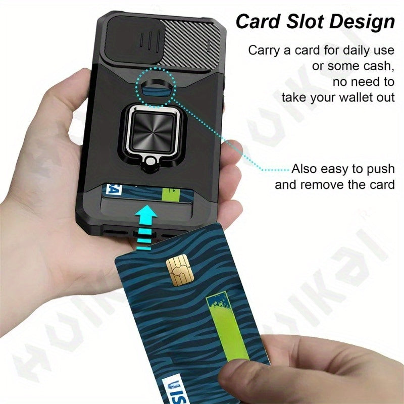 A Protective Case Suitable for Iphone 16, 15, 14, 13, 12, And 11 Pro Max And Plus Models, Featuring a Sliding Camera Slot And a Ring Stand.