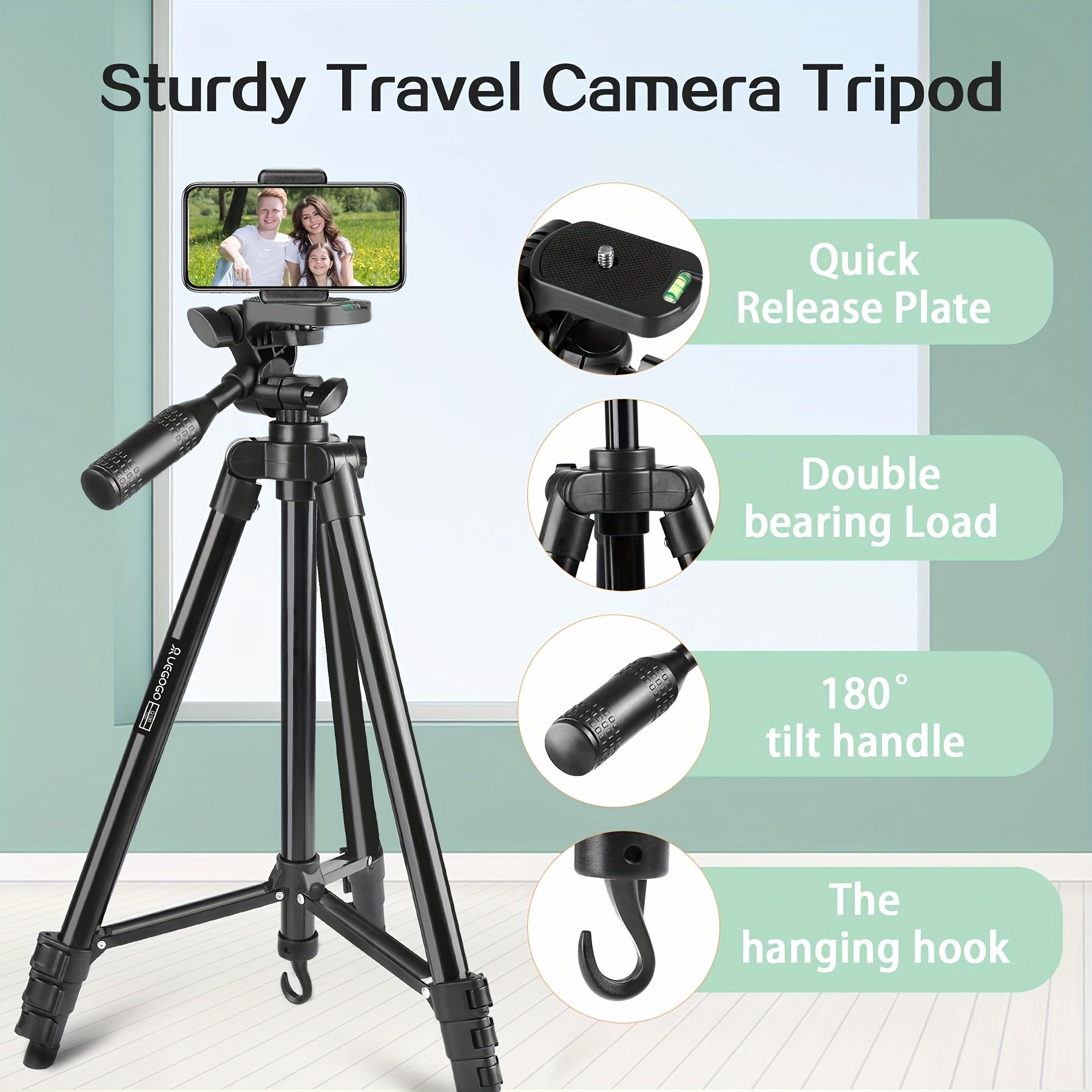 UEGOGO Aluminum Tripod with Gimbal Head, 51" Lightweight, for Cell Phone/Tablet, Ideal for Selfies, Video Recording, Vlogging, Live Streaming, with Carry Bag & Phone Clip, for No Battery Required