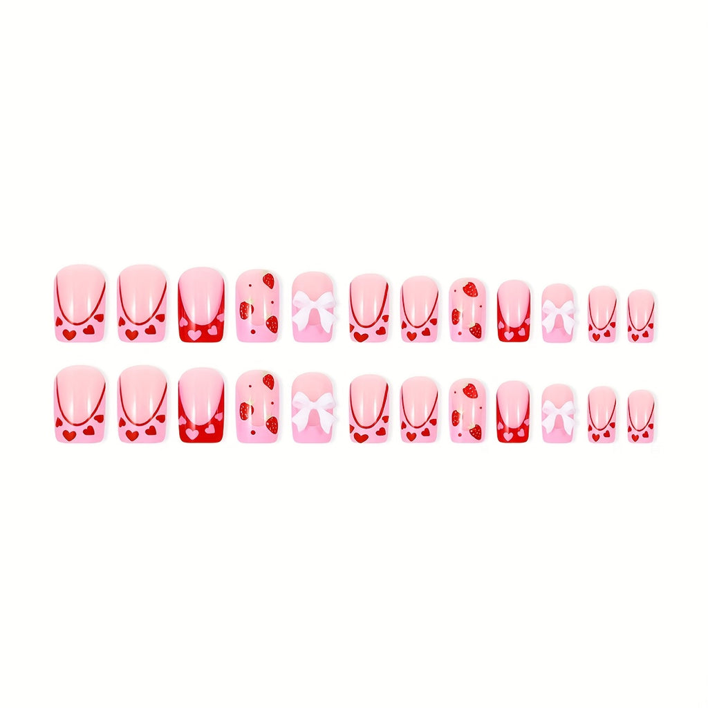 24pcs Pink and Red Heart Strawberry Valentine's Day Press on Nails with Bow, Romantic Nail Art, Special Occasion Nails, Heart Design, Short Square Nails, Durable Pressons, Presson Manicure, Stickon Nails, Bridal Nails, Gift F