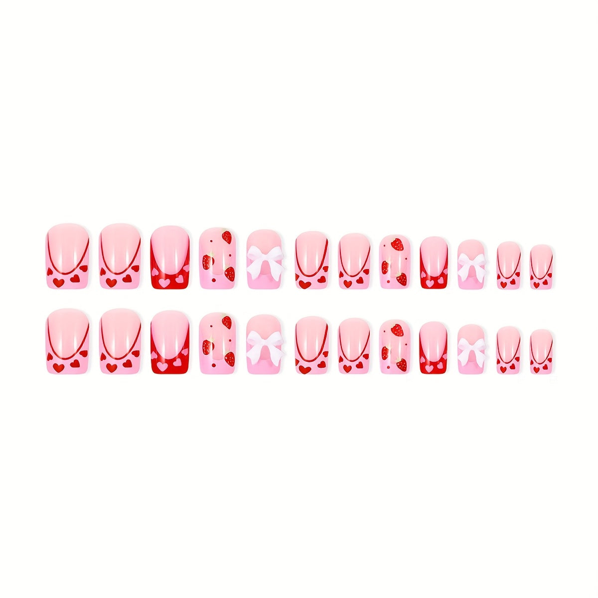 24pcs Pink and Red Heart Strawberry Valentine's Day Press on Nails with Bow, Romantic Nail Art, Special Occasion Nails, Heart Design, Short Square Nails, Durable Pressons, Presson Manicure, Stickon Nails, Bridal Nails, Gift F