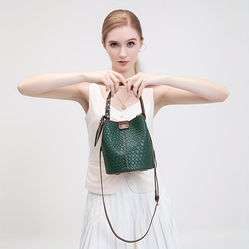 Stylish Women'S Bucket Bag - Elegant Solid Color Woven Shoulder and Crossbody Bag with Adjustable Detachable Strap, Large Capacity for Commuting, Multiple Colors Available, Commuter Handbag | Textured Finish | Polyester Lined
