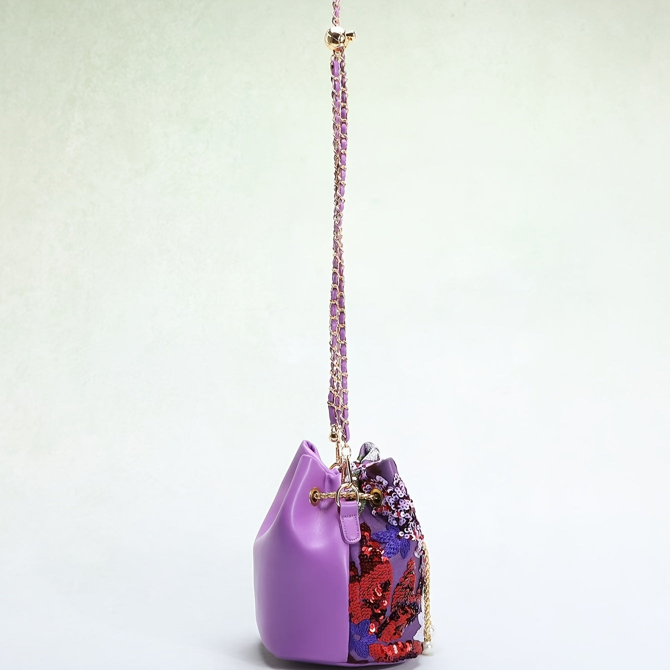Elegant Retro Chinese Style Floral Sequin Bucket Bag for Women - Nylon Crossbody with Golden Chain Strap, Drawstring Closure, and Vibrant Purple & Red Patchwork Design, Ladies Bag