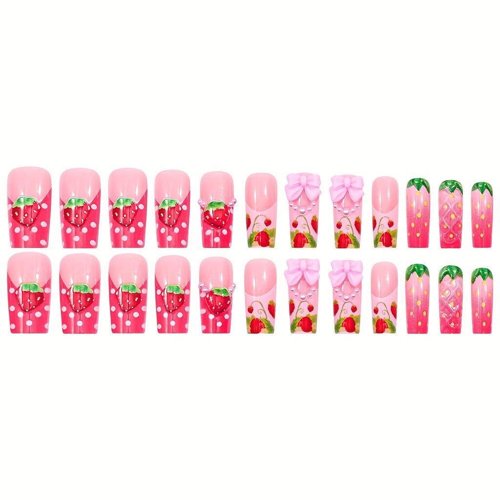 [French Bow Strawberry Nails] 24pcs French Bow Strawberry 3D Square Press-On Nails with Jelly Glue File