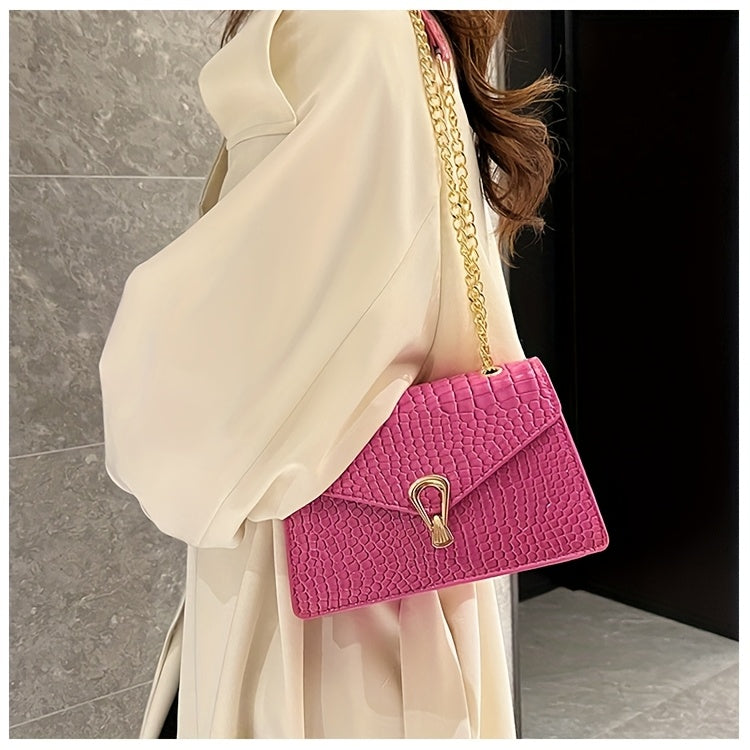 Pink Snake Print Crossbody BagFor Women, Stylish Women's Crocodile Pattern Handbag - Black Shoulder Bag With Detachable Strap Golden-Tone Hardware & Chain Strap, Crossbody Bag Purse Christmas Bags For Gifts Christmas Gift Bag