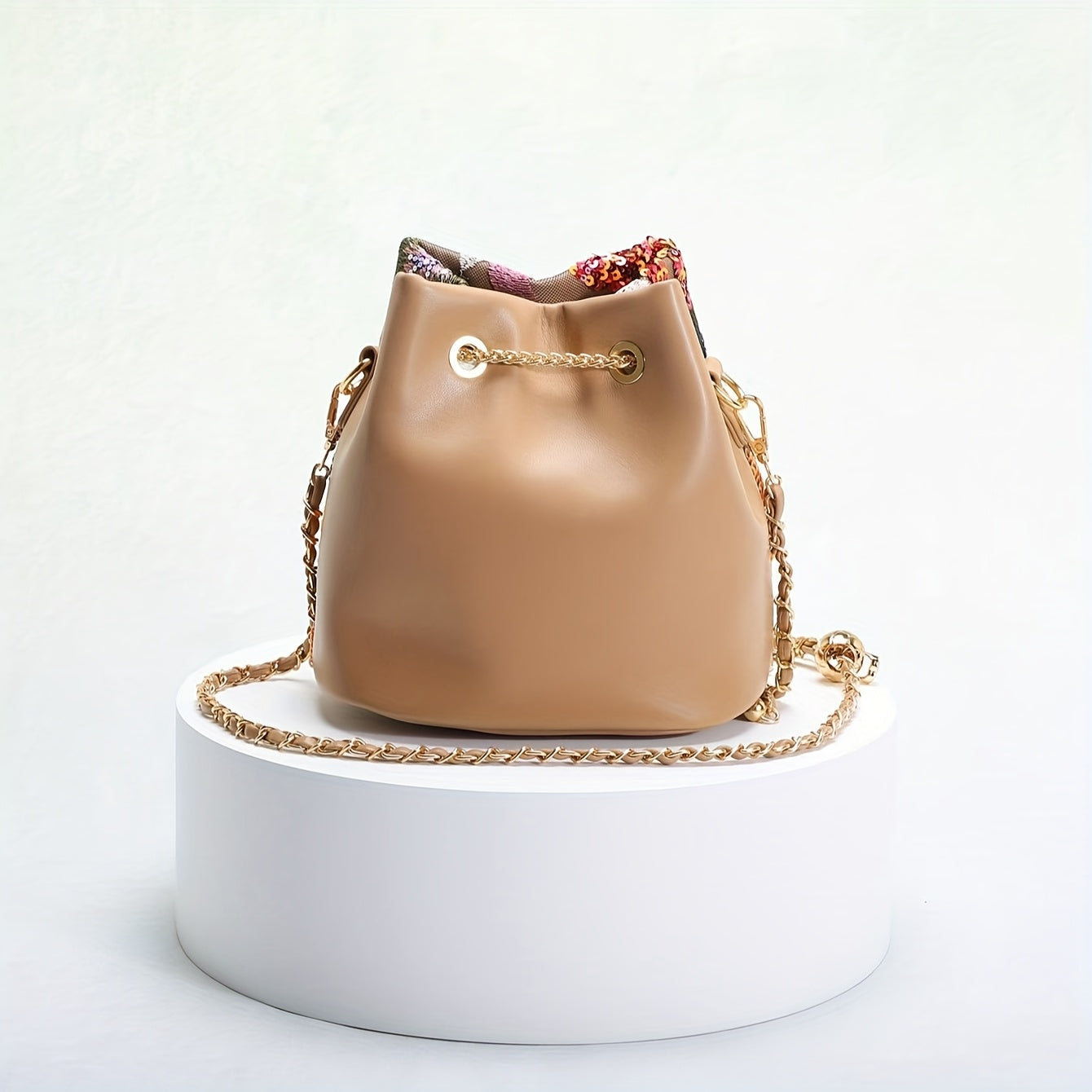 Elegant Retro Chinese Style Floral Sequin Bucket Bag for Women - Nylon Crossbody with Golden Chain Strap, Drawstring Closure, and Vibrant Purple & Red Patchwork Design, Ladies Bag