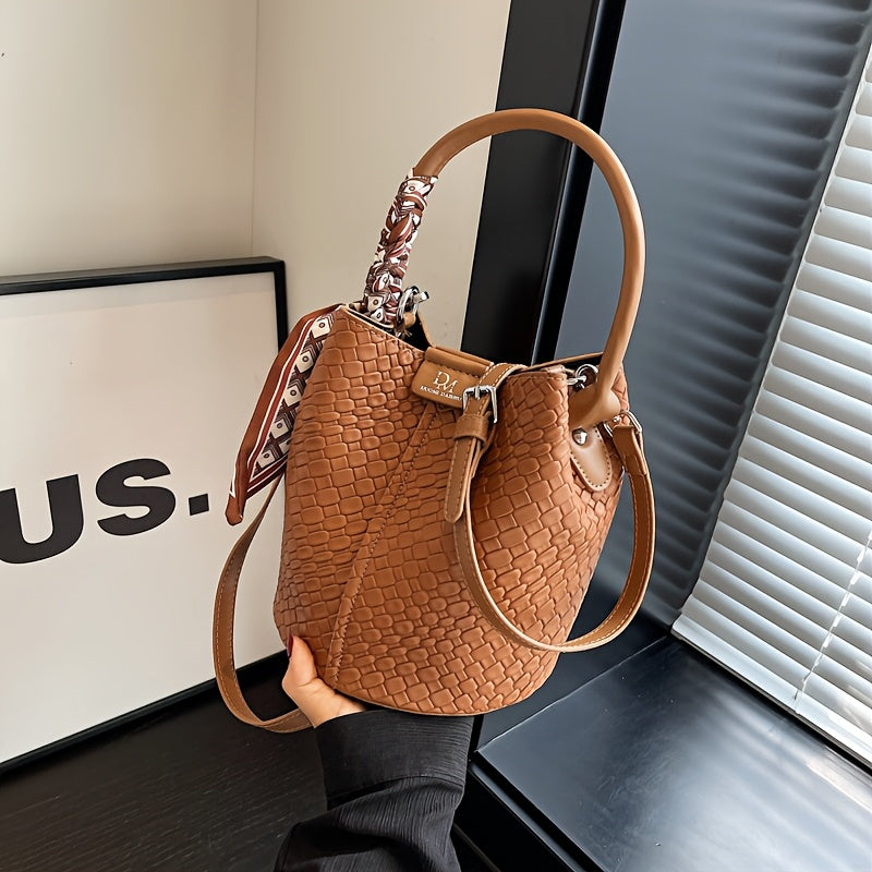 Women's Woven Bucket Handbag & Crossbody Bag - Golden-Tone Hardware, ic Closure, Detachable Strap - Deep Brown/Beige/Green/Black - Elegant Tote for, Travel, Formal Events - Durable Wipe-Clean