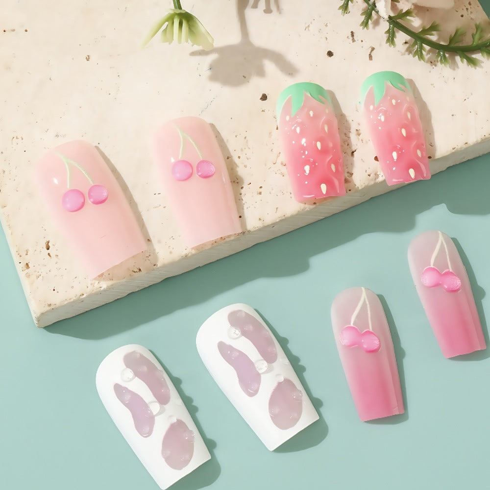 24pcs Hand-Painted 3D Cherry Strawberry Bow & Pink Glitter False Nails Set - Kawaii Anime Style Press-On Nails with White Tips, Medium Length Square Fake Nails for Women, Parties, Weddings, Prom (No Glue Needed)