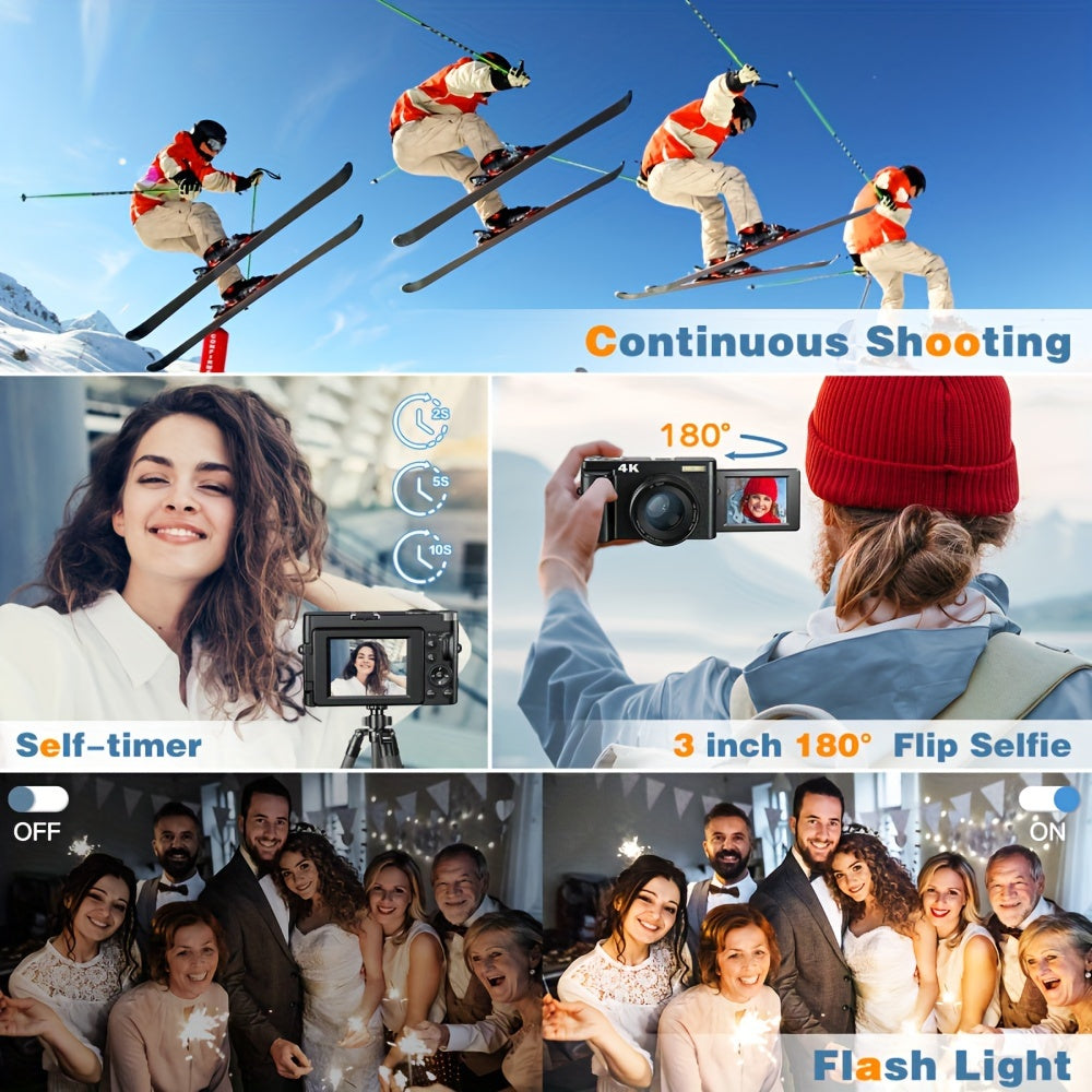 [48MP 4K Camera] Zostuic 48MP 4K Digital Camera | 16X Zoom, 3" 180° Flip Screen, Auto Focus & Anti-Shake, Compact Travel Camera | for YouTube, Live Streaming, Beginners, Includes 32GB SD Card & Accessories