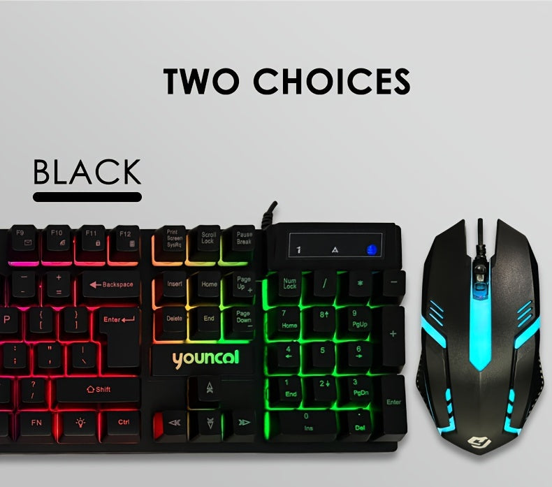 [Rainbow Backlit Gaming Set] Rainbow Backlit Wired Gaming Keyboard and Mouse Set | 19-Key Rollover, Adjustable Brightness, 2 Lighting Modes, Ergonomic Design, Hotkeys, Media Keys, USB Powered, No Battery, for Home Entertainme