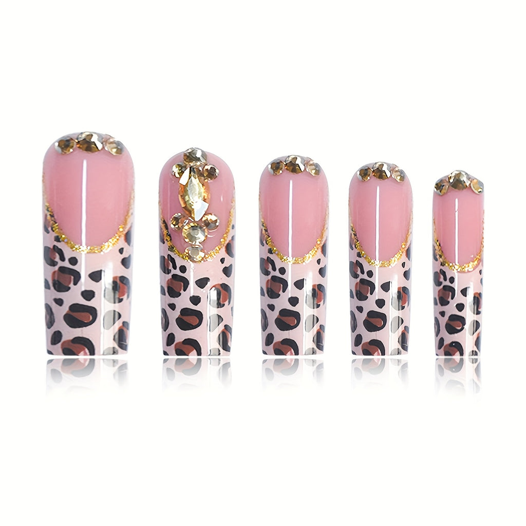 A Set of 24 Long Coffin-Shaped False Nails, Fashionable, Sweet And Cool Leopard Print, Luxurious Golden Diamond-Shaped Diamonds, Suitable for All Women And, Nail Polish And Jelly Glue Are Included in The Box, Easy to Stick An