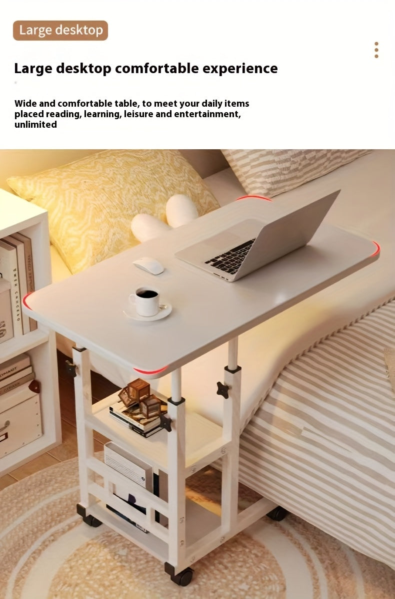 [Mobile Laptop Table] Height-Adjustable Mobile Laptop Table - 4-Wheel Rolling Study/Workstation Desk with Dual Shelves for Bedside/Dorm/Office Use, Sturdy Modern Finish (Space-Saving Design)