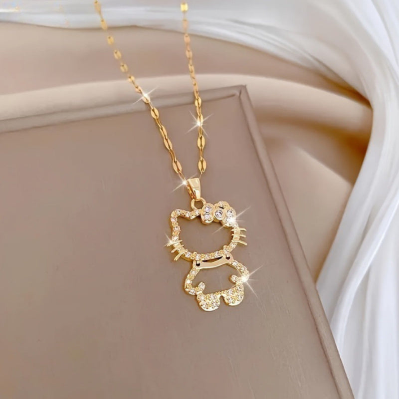 [Hello Kitty Charm Necklace] Sanrio for hello kitty Charm Necklace - Elegant Titanium Steel Lockbone Chain with Sparkling Cubic Zirconia Pendants, Perfect for Daily Wear & Special Occasions, Ideal Valentine's Day Gift, Casual