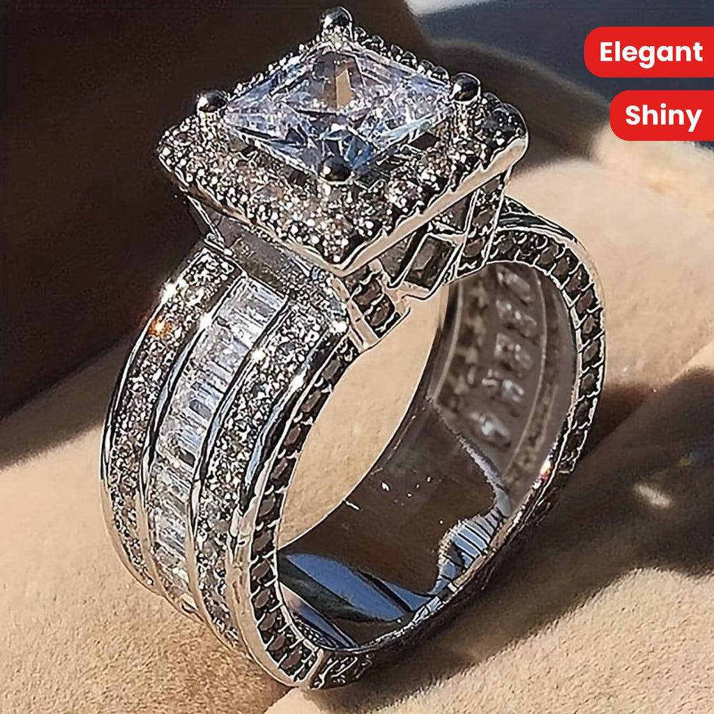 [Luxurious Engagement Ring] Luxurious Square Cut Zirconia Engagement Ring | Elegant, Versatile for Men & Women, with Sparkling Cubic Zirconia Halo - Ideal for Valentine's Day, Eternity, and Wedding Jewelry, Eternity Ring, Hal