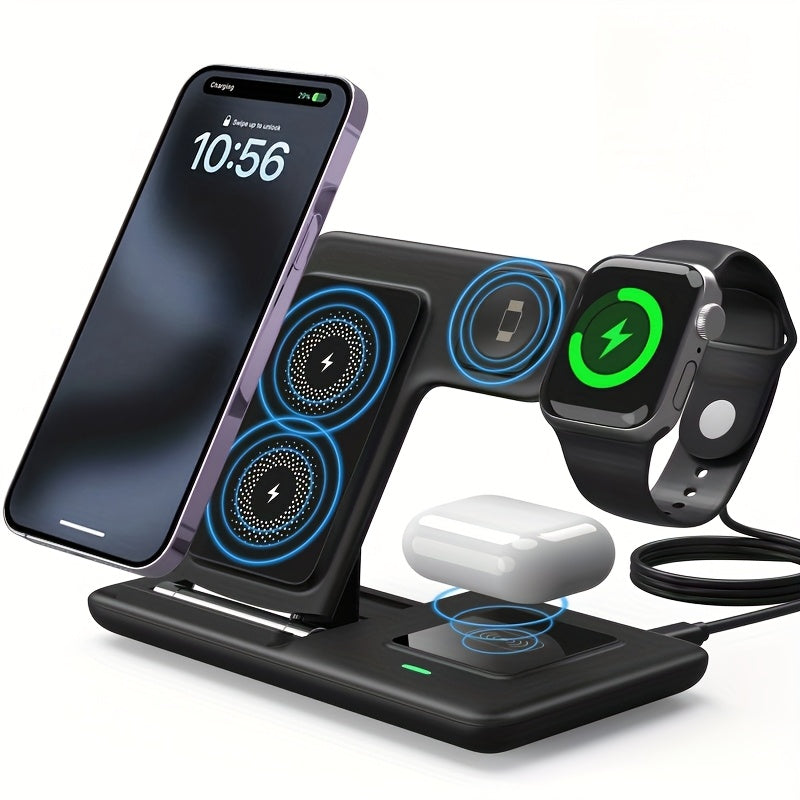 [3-in-1 Wireless Charger] 3-in-1 Magnetic Wireless Charging Station for iPhone 15/14/13/12/11/Pro/Max/Mini/Plus, X, XR, XS/Max, SE, 8/Plus, iWatch 1-9 & AirPods 3/2/Pro - USB Charger with Adjustable Stand, Compact Design, No