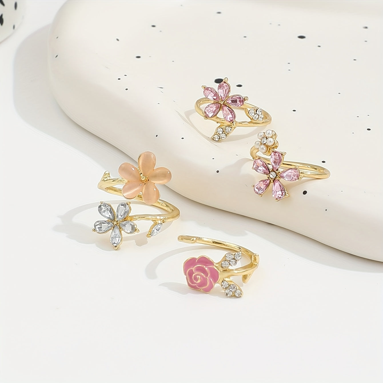 4pcs Set of Alloy Water Artificial Pearl Glazed Layered Rings. Fashionable Elegant Sexy Floral Pink Series, Water Artificial Pearl Sexy Flower Wedding