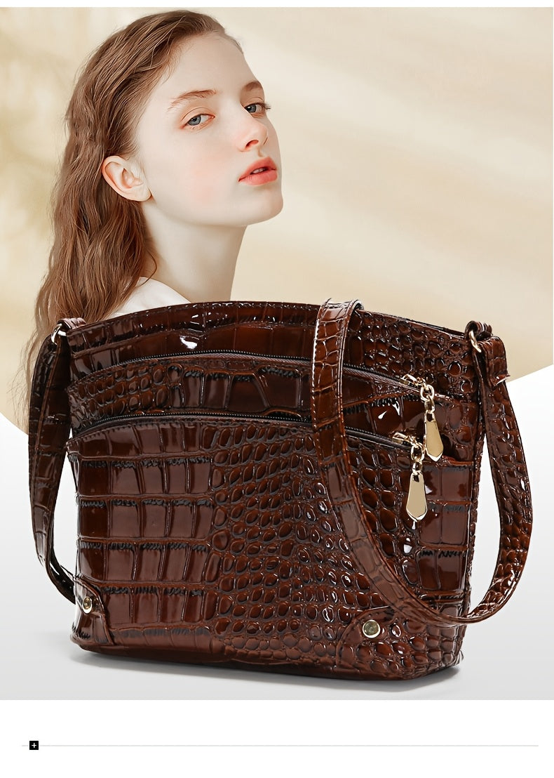 Shiny Crocodile Pattern Women'S Bag, PU Soft Shoulder Bag, Multi-Layer Crossbody Bag, Stylish And Versatile Large Capacity Bucket Bag.