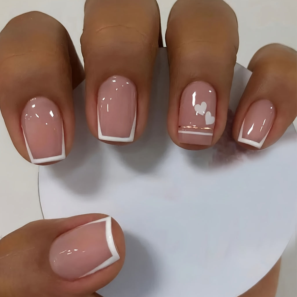 24pcs/48pcs Of White French Short Square Nail Set, with Glossy Surface And Artistic Lines, Cute Fake Nails, Heart-shaped Pattern Nail Sticker Set, with Jelly Glue And Nail Polish, Perfect for Parties, Gatherings, And Daily We