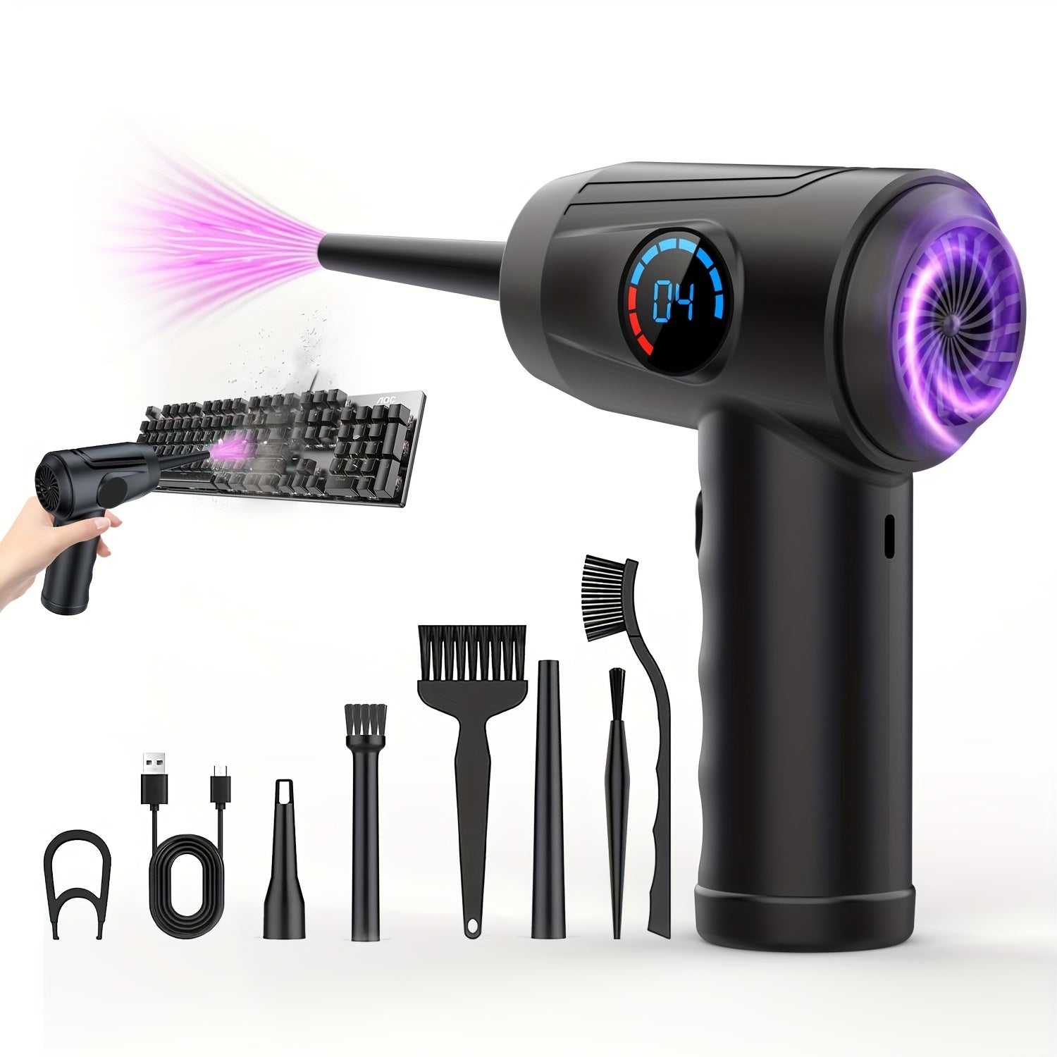 Cordless Electric Air Duster with 51000 RPM High-Power Blower, 4-Speed Adjustable & LCD Display, 3000mAh Fast Charging, 15-45 Min Runtime, USB-Powered Portable Cordless Vacuum Cleaner for Computers, Keyboards, TVs, Gaming Con