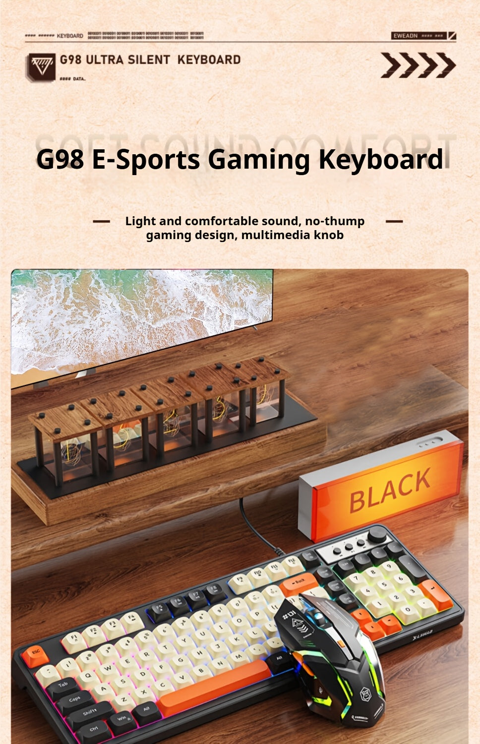 [Wired Gaming Keyboard] EWEADN Wired Gaming Keyboard with Rainbow Backlit, Portable Black Keyboard for Office-98 Keys, Computer External Keyboards Ergonomic Design, with Multimedia Knob, Ball Keycaps, for Gamers and Office, C