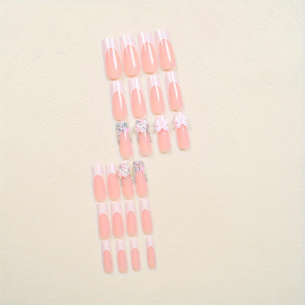 24-Piece Set of Super Long Square Shaped Glossy Press On Nails - Featuring Hello Kitty 3D Glitter Charms, Pink Floral Patterns, and Bow Embellishments for Glamorous Daily Use, Dates, and Parties - Includes Easy-Apply Jelly Ad
