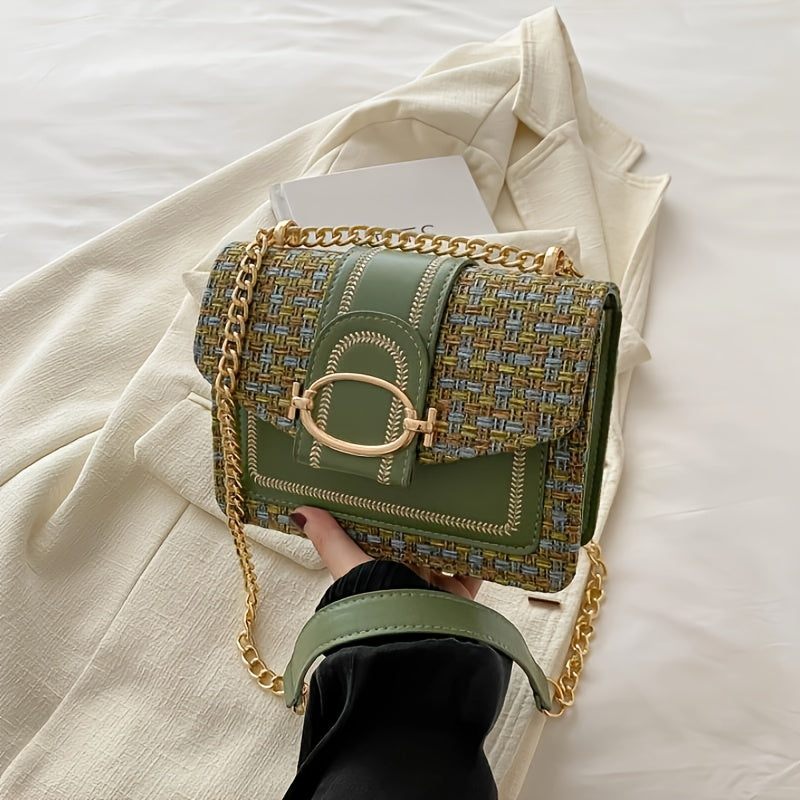 A Mini Checkered Tweed Bag with a Clasp Decoration, a Square Shoulder Bag, And a Chain Crossbody Flap Wallet, Perfect for Everyday Use.