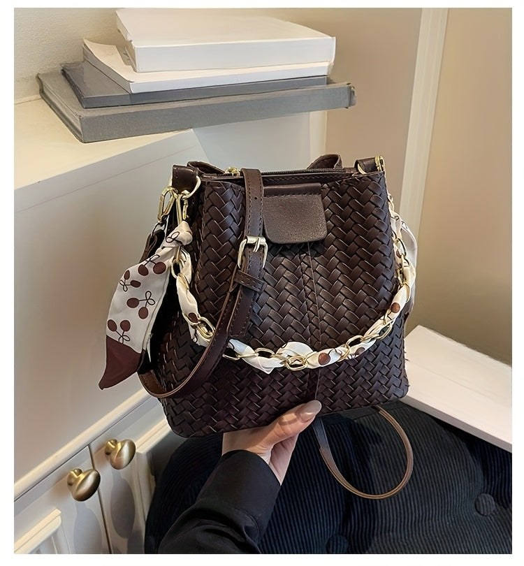 Women's Woven Tote & Bucket Bag - Convertible Crossbody/Handbag with Golden-Tone Hardware, Beige/Black Detachable Strap, Retro Woven-Pattern Shoulder Purse for, Casual & Formal Events (Adjustable, Snap Closure)