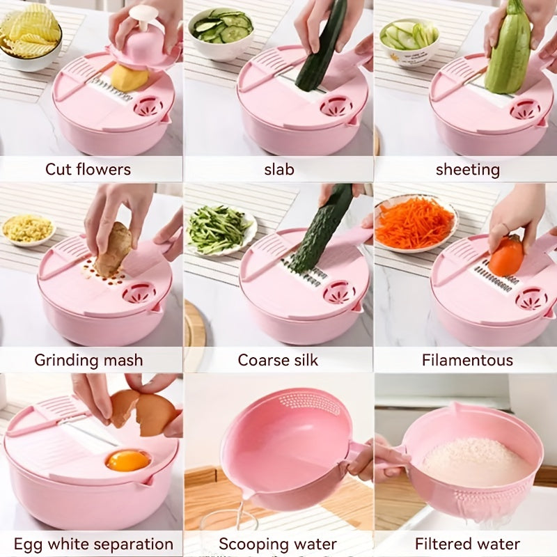 [Essential Kitchen Tool] 11pcs 12-in-1 Multi-Function Vegetable Chopper | Manual Slicer, Shredder, Grater | for Carrots, Potatoes, Radish, Essential Kitchen Tool