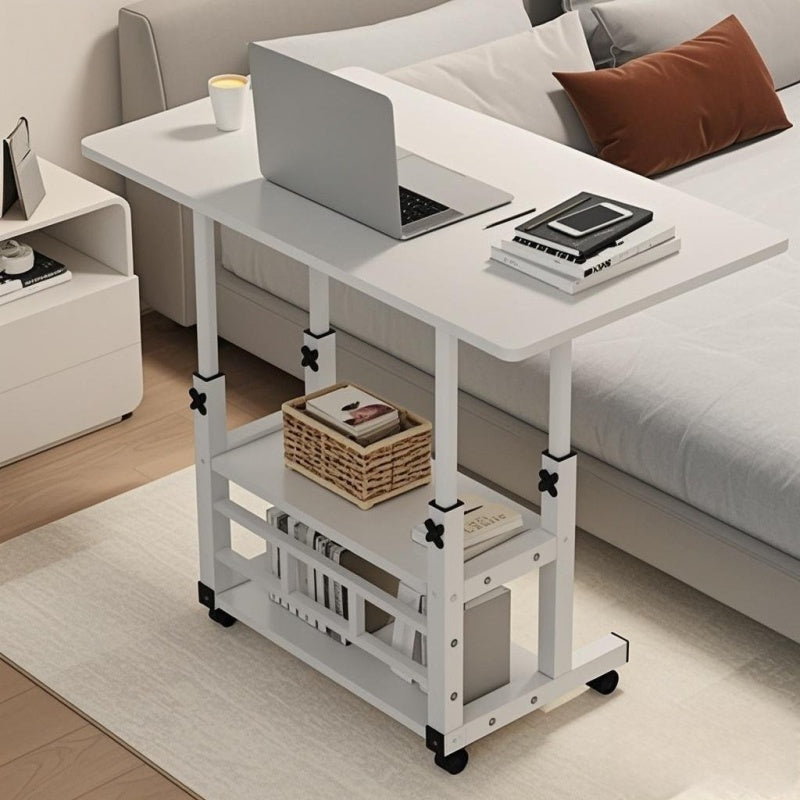 Rolling Table with Wheels, Adjustable Height Heavy-Duty Folding Desk, Storage Shelf & Wood/Metal Frame, Space-Saving Mobile Workstation, Easy Assembly (No Tools), for Office, Bedside, Dorm, Small Spaces, White/Mixed Color