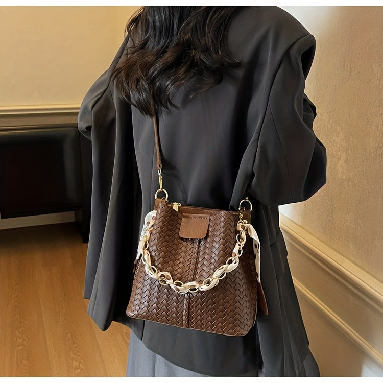 Women's Woven Tote & Bucket Bag - Convertible Crossbody/Handbag with Golden-Tone Hardware, Beige/Black Detachable Strap, Retro Woven-Pattern Shoulder Purse for, Casual & Formal Events (Adjustable, Snap Closure)