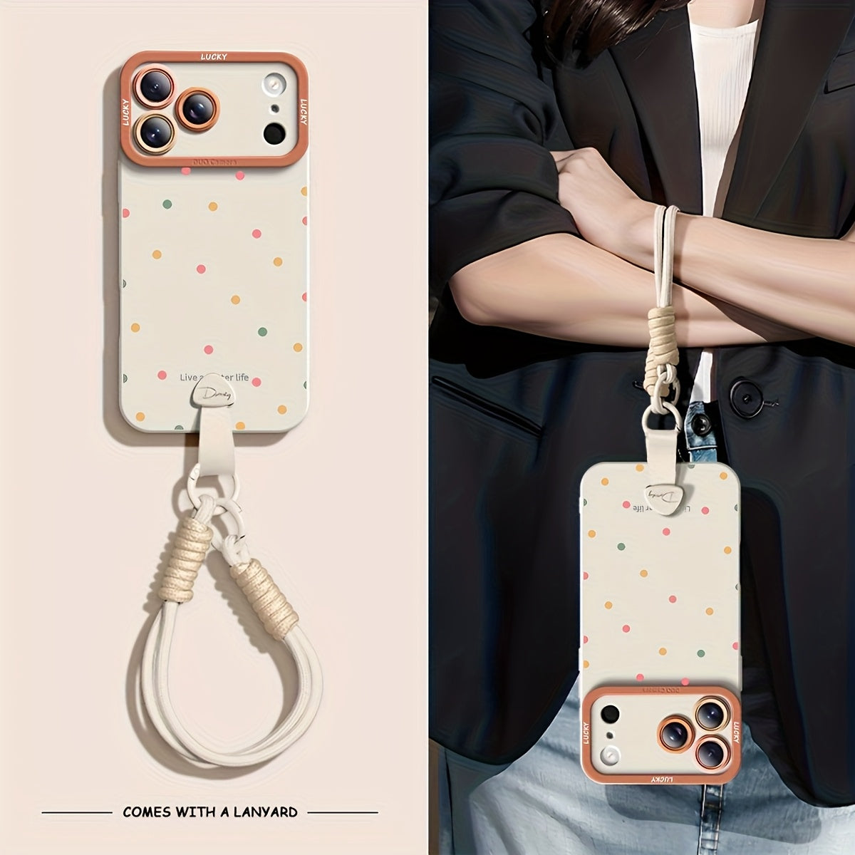 Full screen color dots are suitable for iPhone 17 Promax phone case, new 15 friend models, 16pro handheld Apple 14 Promax premium protective case with hanging rope 17 Pro soft case, Women's autumn and winter