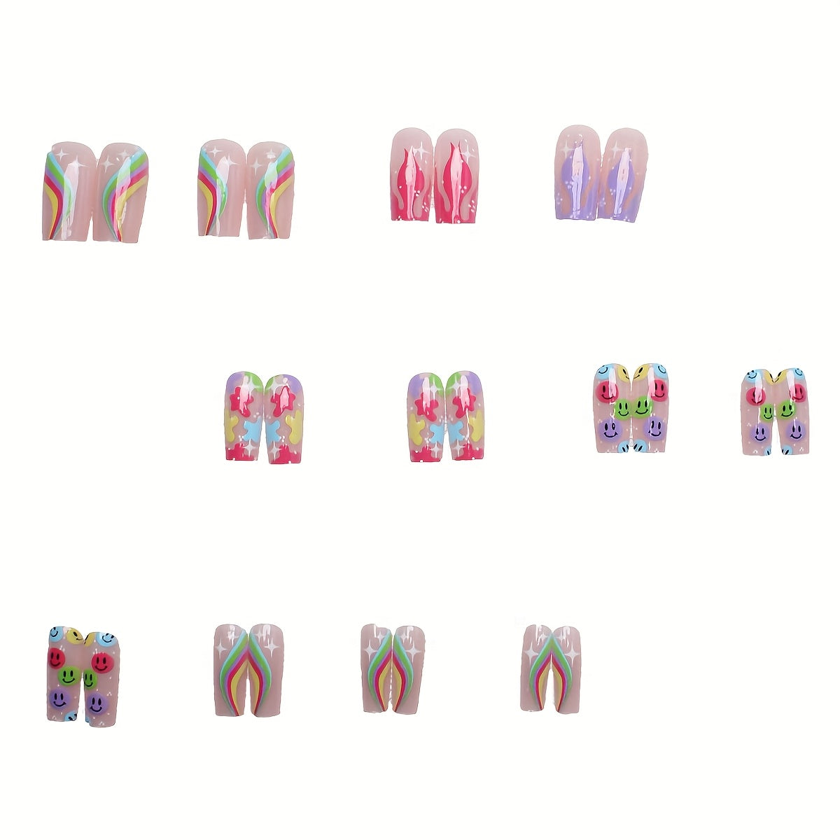 24pcs Colorful Smile & Rainbow Clouds Press-On Nails, Mid-Length Oval Fake Nails with Glossy Finish - Stripe & Flame Patterns, Includes Application Tool, Ideal for Daily Wear