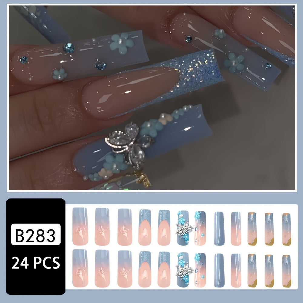 24pcs Full Set Blue & Pink Gradient French Press-On Nails with Sparkling Glitter, Ultra-Long Square False Nails Kit - Glossy Gel Nail Polish, Nail Glue & File Included for DIY Manicure/Pedicure