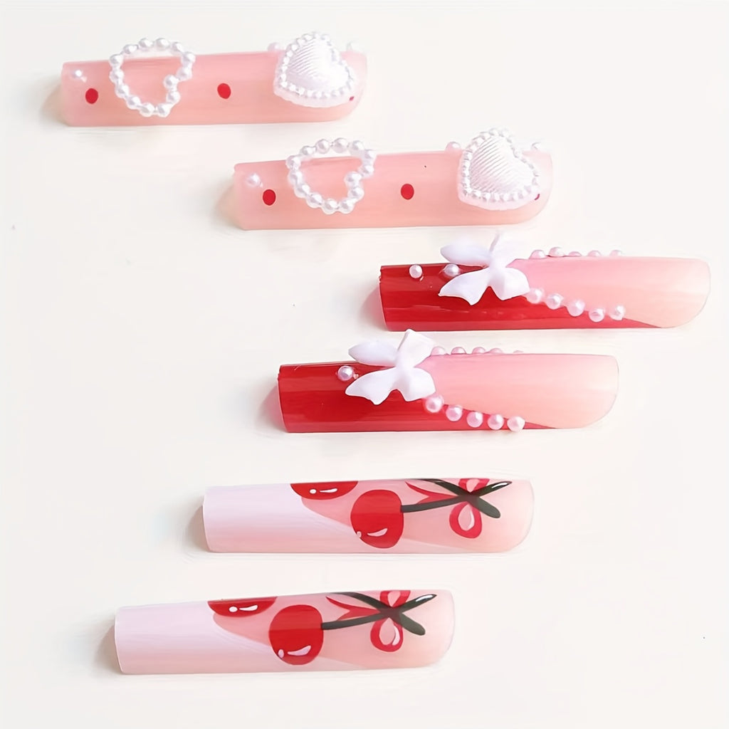 Cross border European and American style, sweet and cool, spicy style, wearing armor, heart-shaped bow, cherry painting, French nail art patch nail