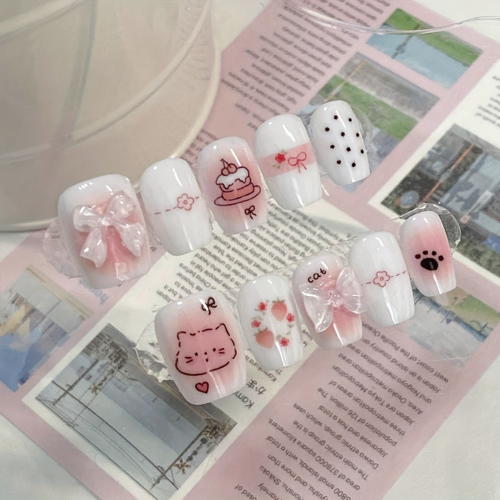 Super cute and cute style wearing nail bow pink cartoon strawberry cake cat footprint nail patch
