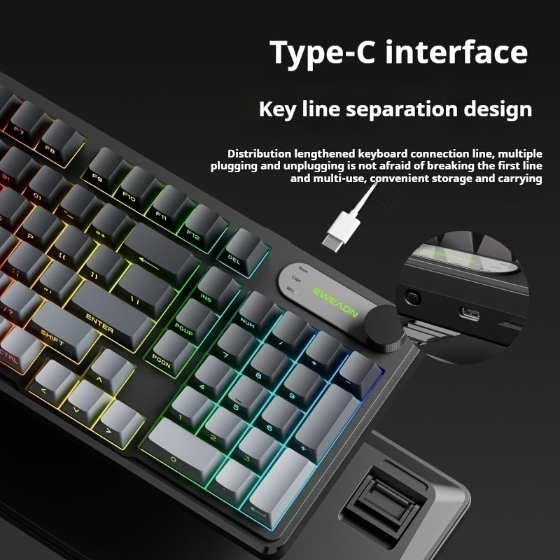 EWEADN Wired Silent Gaming Keyboard with RGB Backlit, Side-Printed Gradient Keycaps, Ergonomic Design & Multimedia Knob Control - USB-Powered for PC, Laptop, Desktop, Windows, Mac, Workstation Use, Gaming Accessories, Profess